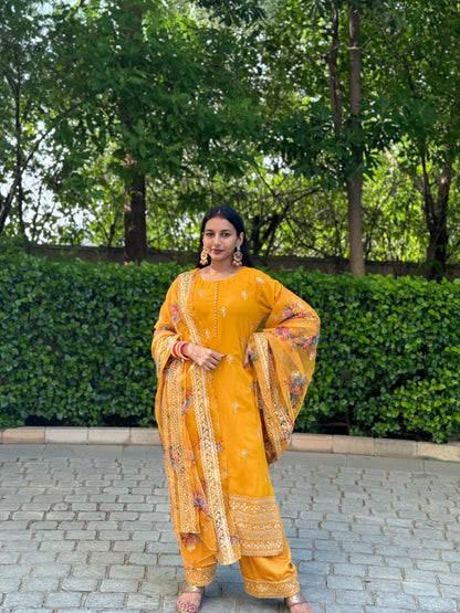 #MBA1687 Zari border suit set- Mustard yellow