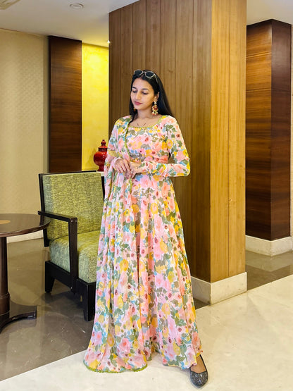 #MBA1660 Bageecha peach floral anarkali and dupatta