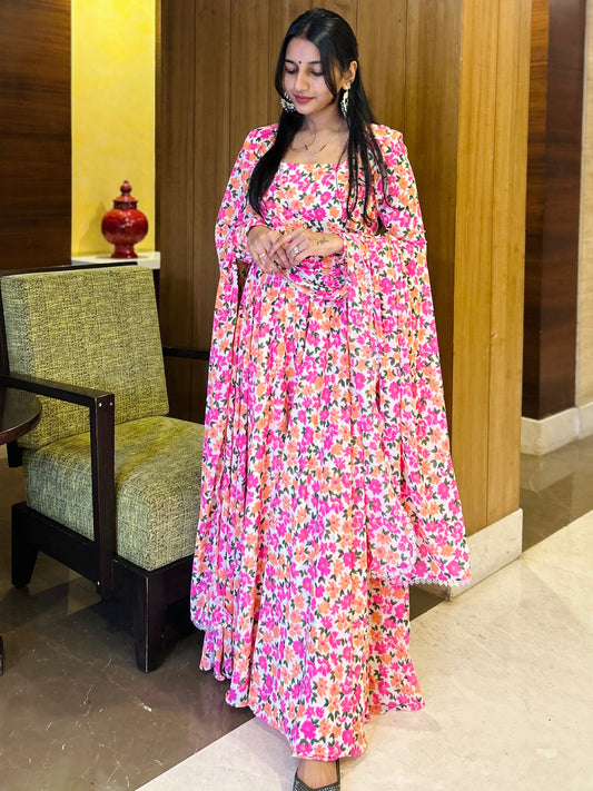 #MBA1661 Bageecha pink floral anarkali and dupatta