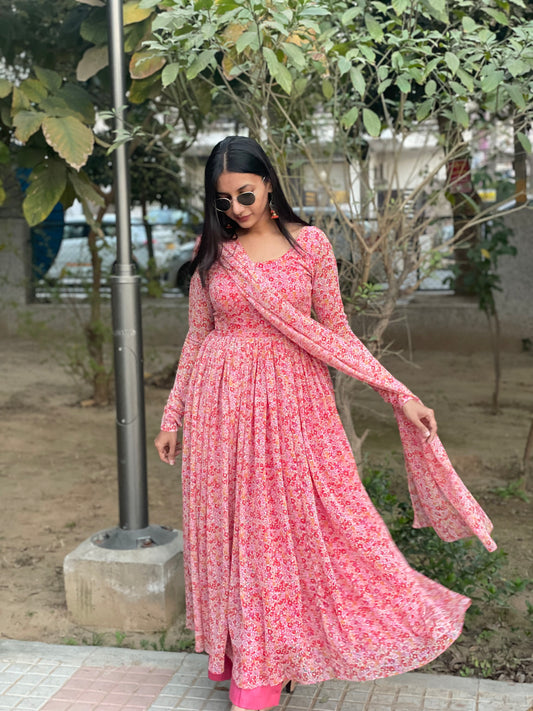 #MBA1975 Pink floral gather Kurta and dupatta