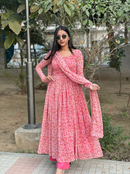 #MBA1975 Pink floral gather Kurta and dupatta