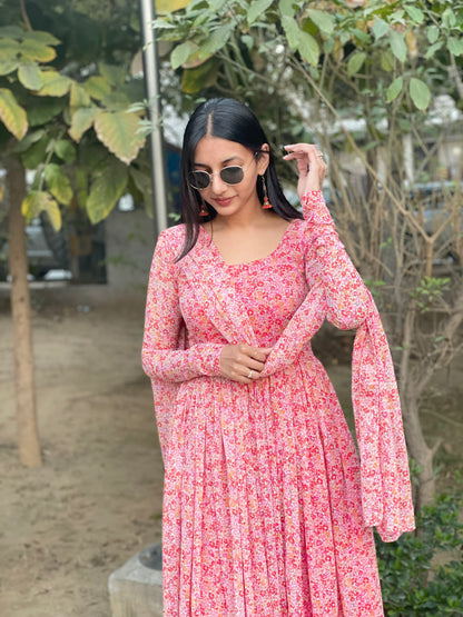 #MBA1975 Pink floral gather Kurta and dupatta