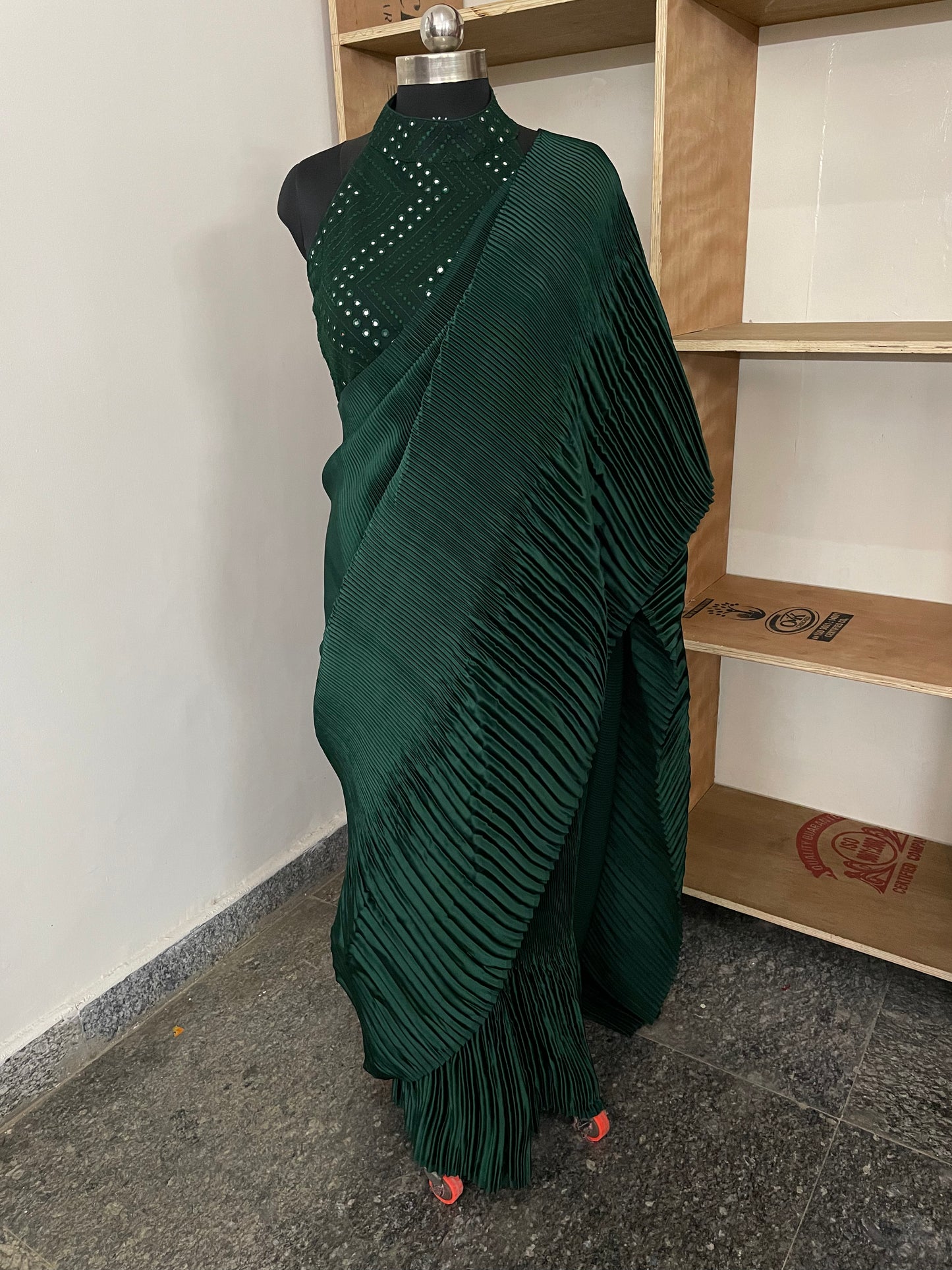 #MBA1988 Bottle green satin pleated 1 min saree and blouse