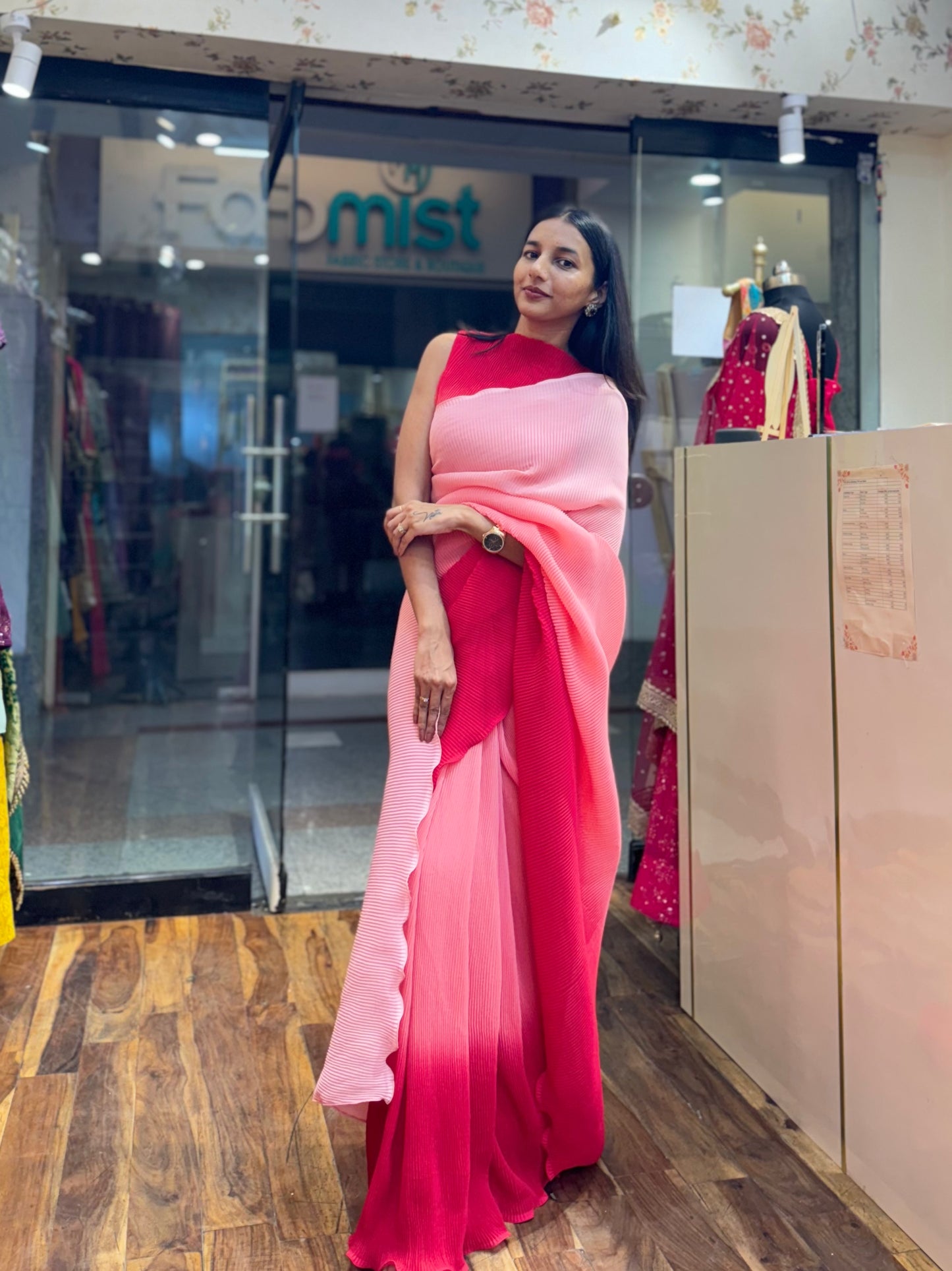 #MBA1980 Red ombre pleated 1 min saree and blouse