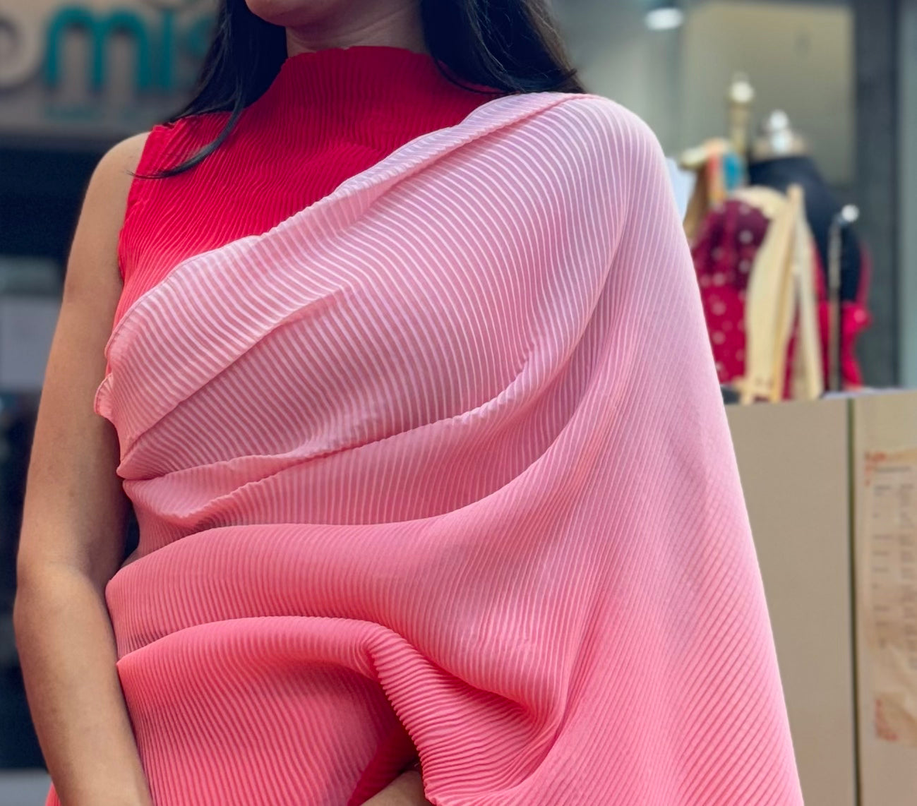 #MBA1980 Red ombre pleated 1 min saree and blouse