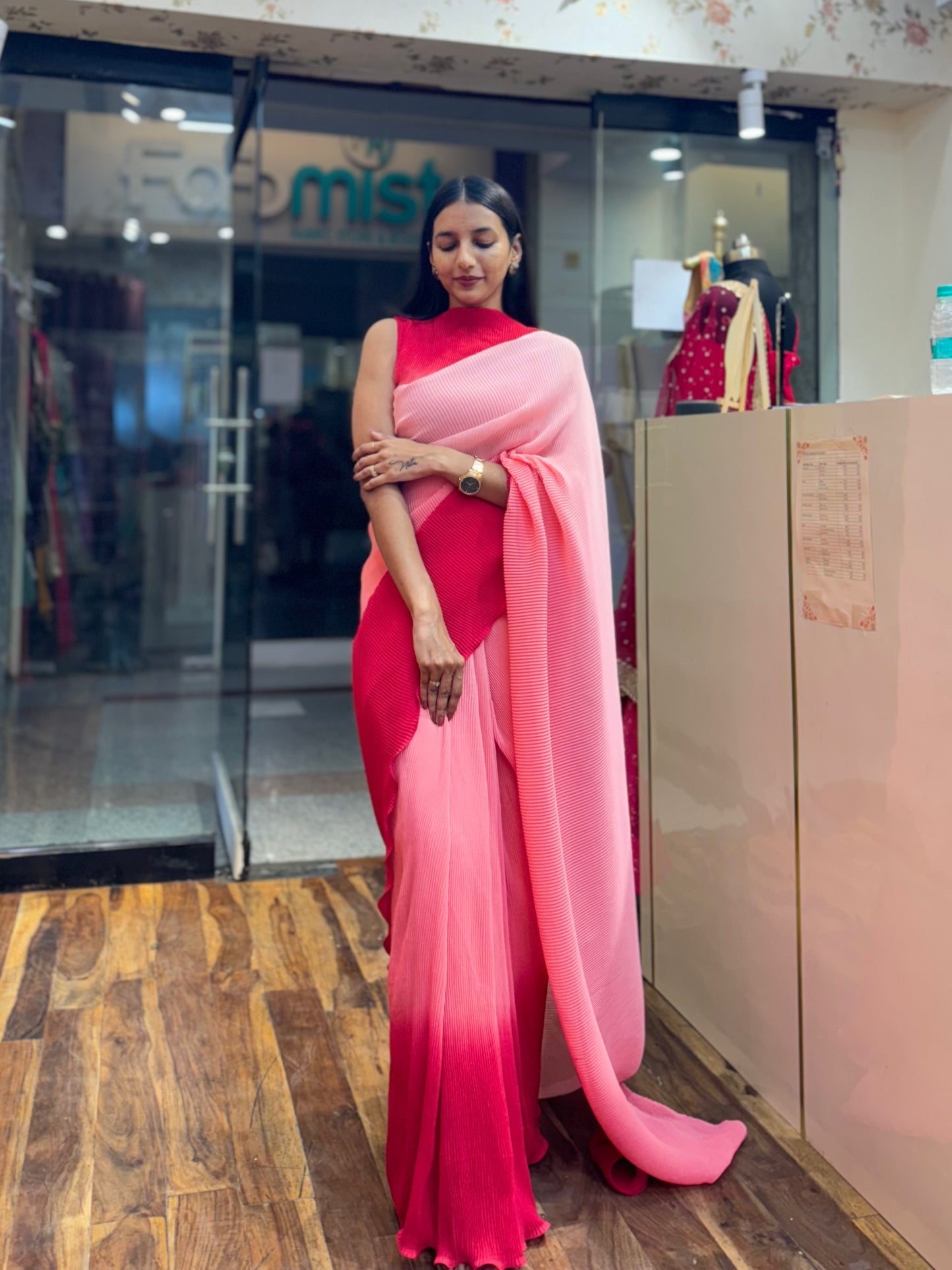 #MBA1980 Red ombre pleated 1 min saree and blouse
