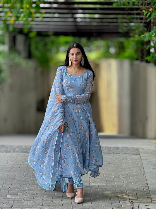 #MBA1954 Powder blue floral anarkali and dupatta