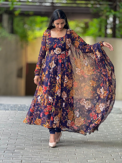 #MBA1955 Violet floral anarkali and dupatta