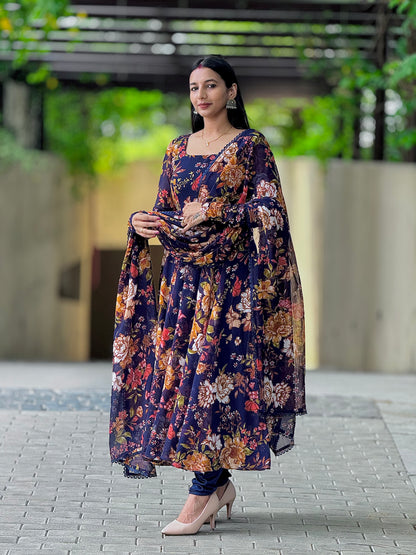 #MBA1955 Violet floral anarkali and dupatta