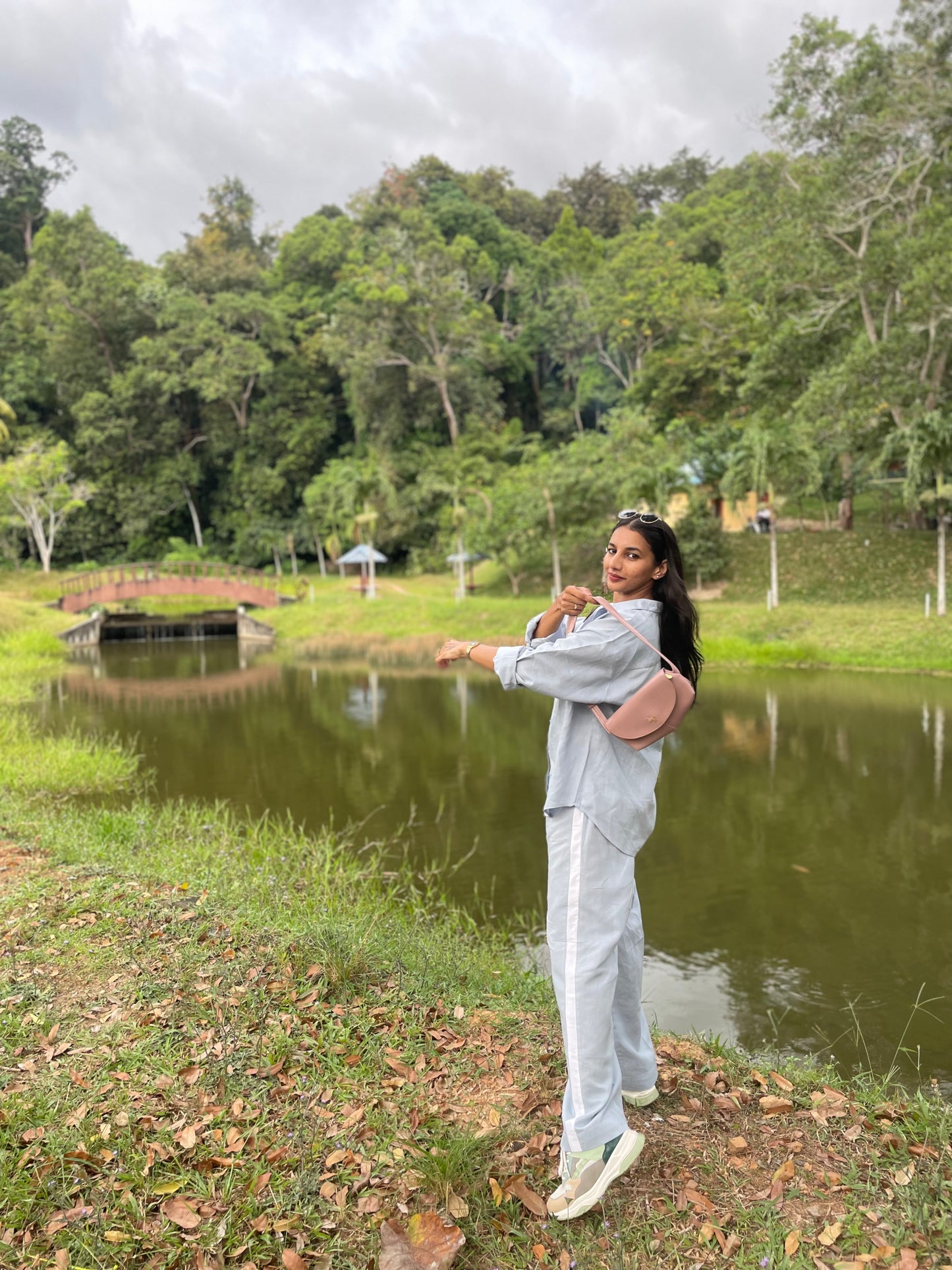 #MBA1817 Handloom linen coord set with pearl hand embroidery-Light blue