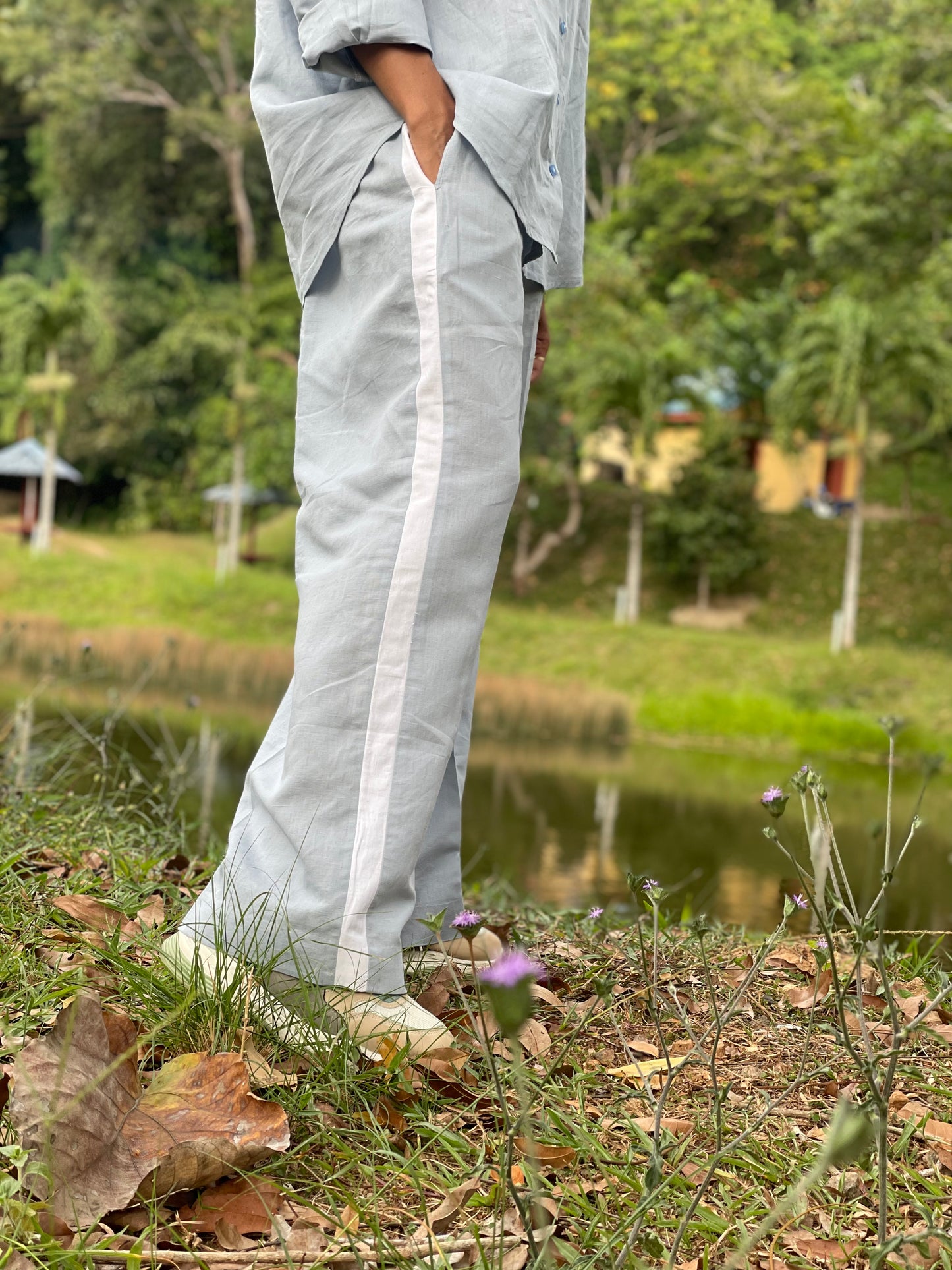 #MBA1817 Handloom linen coord set with pearl hand embroidery-Light blue