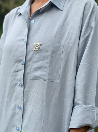 #MBA1817 Handloom linen coord set with pearl hand embroidery-Light blue