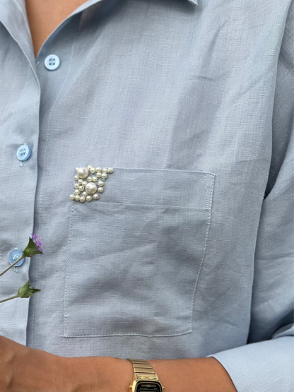 #MBA1817 Handloom linen coord set with pearl hand embroidery-Light blue