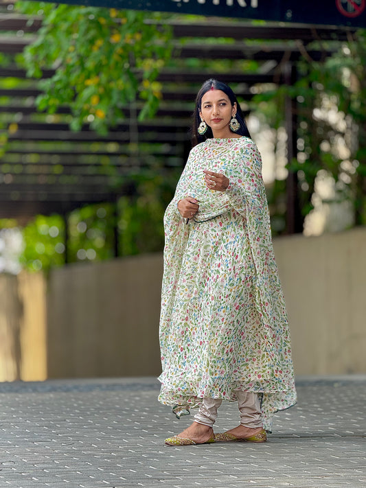 #MBA1953 Offwhite leafy floral anarkali and dupatta