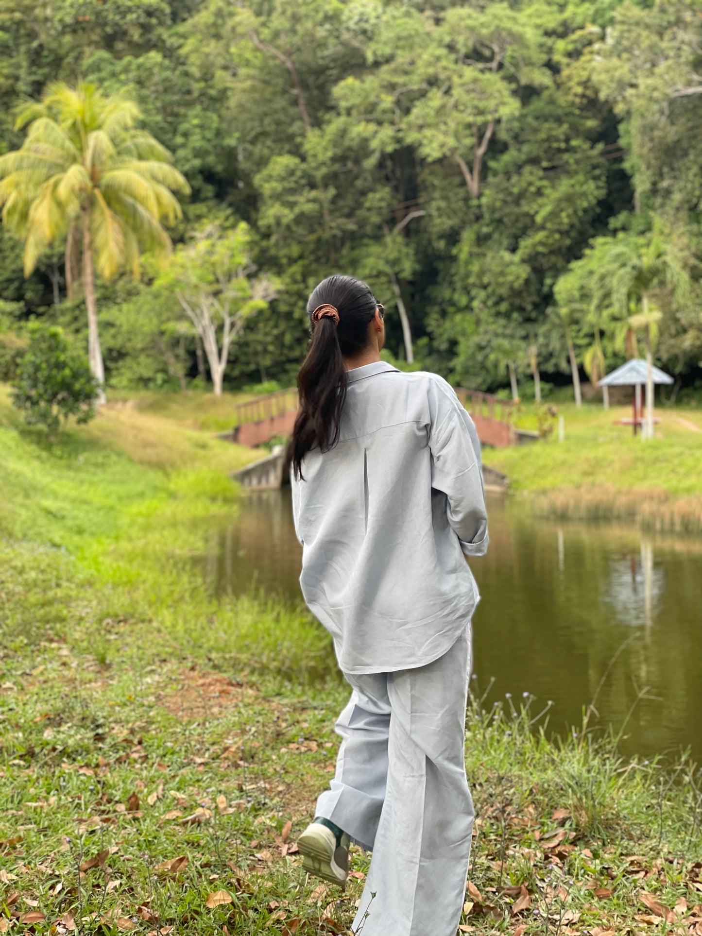 #MBA1817 Handloom linen coord set with pearl hand embroidery-Light blue