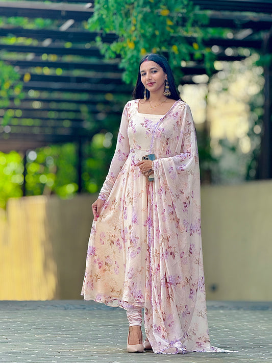 #MBA1952 Beige-lavender floral anarkali and dupatta