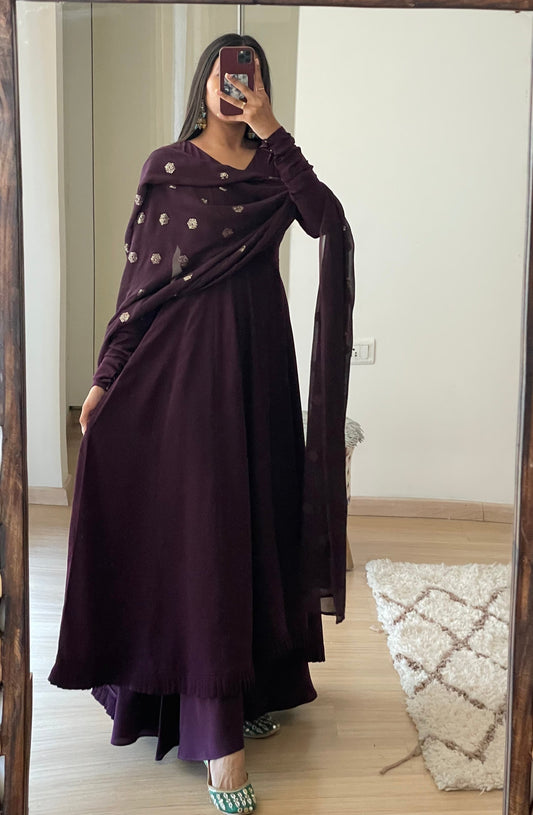 #MBA1844 High low anarkali set- Plum wine