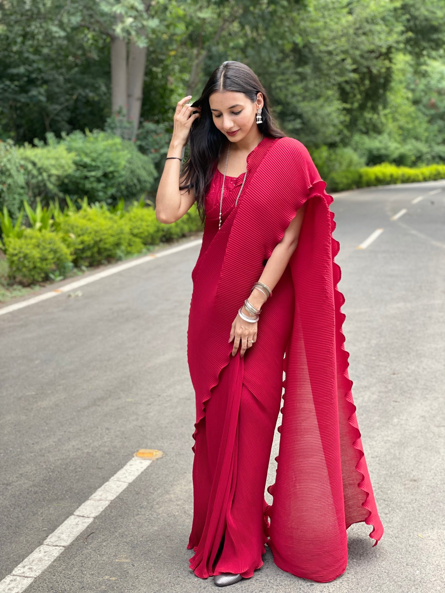 #MBA1981 Cherry Maroon pleated 1 min saree and chikankari blouse