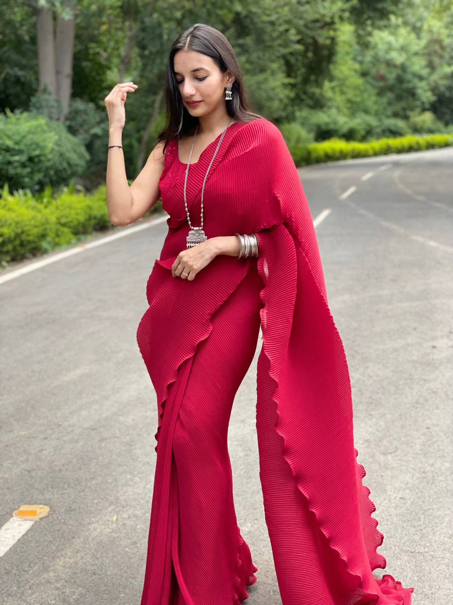 #MBA1981 Cherry Maroon pleated 1 min saree and chikankari blouse