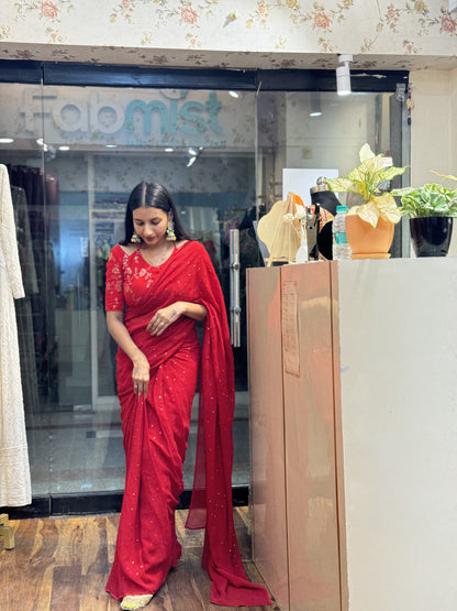 #MBA2034 Red Pure georgette 1 min saree and heavy embroidered blouse