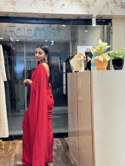 #MBA2034 Red Pure georgette 1 min saree and heavy embroidered blouse