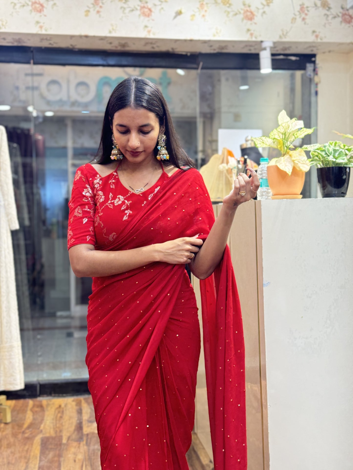 #MBA2034 Red Pure georgette 1 min saree and heavy embroidered blouse