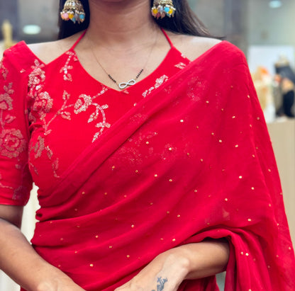 #MBA2034 Red Pure georgette 1 min saree and heavy embroidered blouse