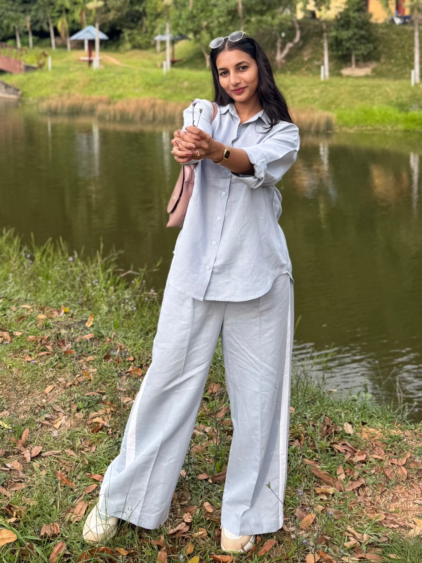 #MBA1817 Handloom linen coord set with pearl hand embroidery-Light blue