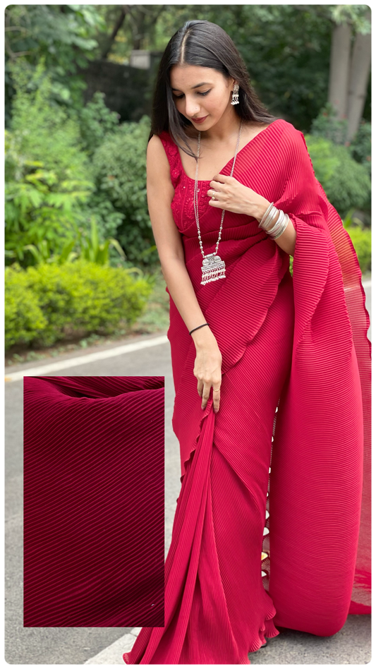 #MBA1981 Cherry Maroon pleated 1 min saree and chikankari blouse