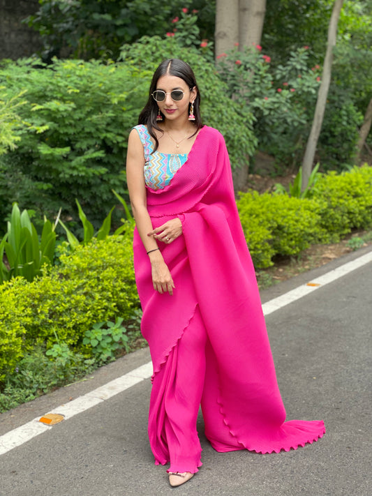#MBA1982 Pink pleated 1 min saree (without blouse)