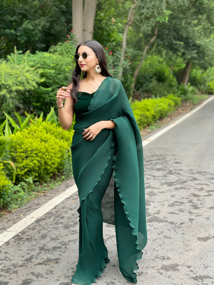 #MBA1983 Bottle green pleated 1 min saree (without blouse)