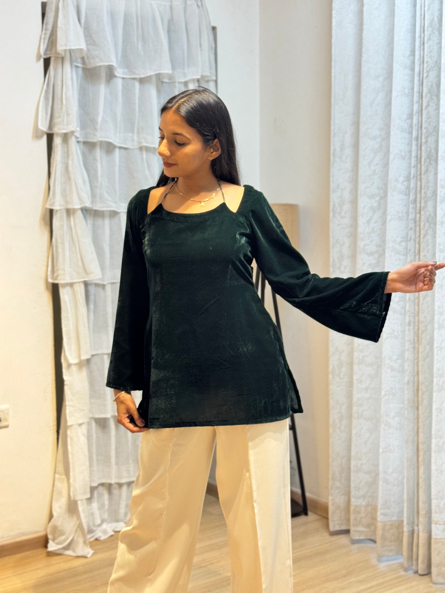 #MBA2063 Velvet short kurti- Bottle green