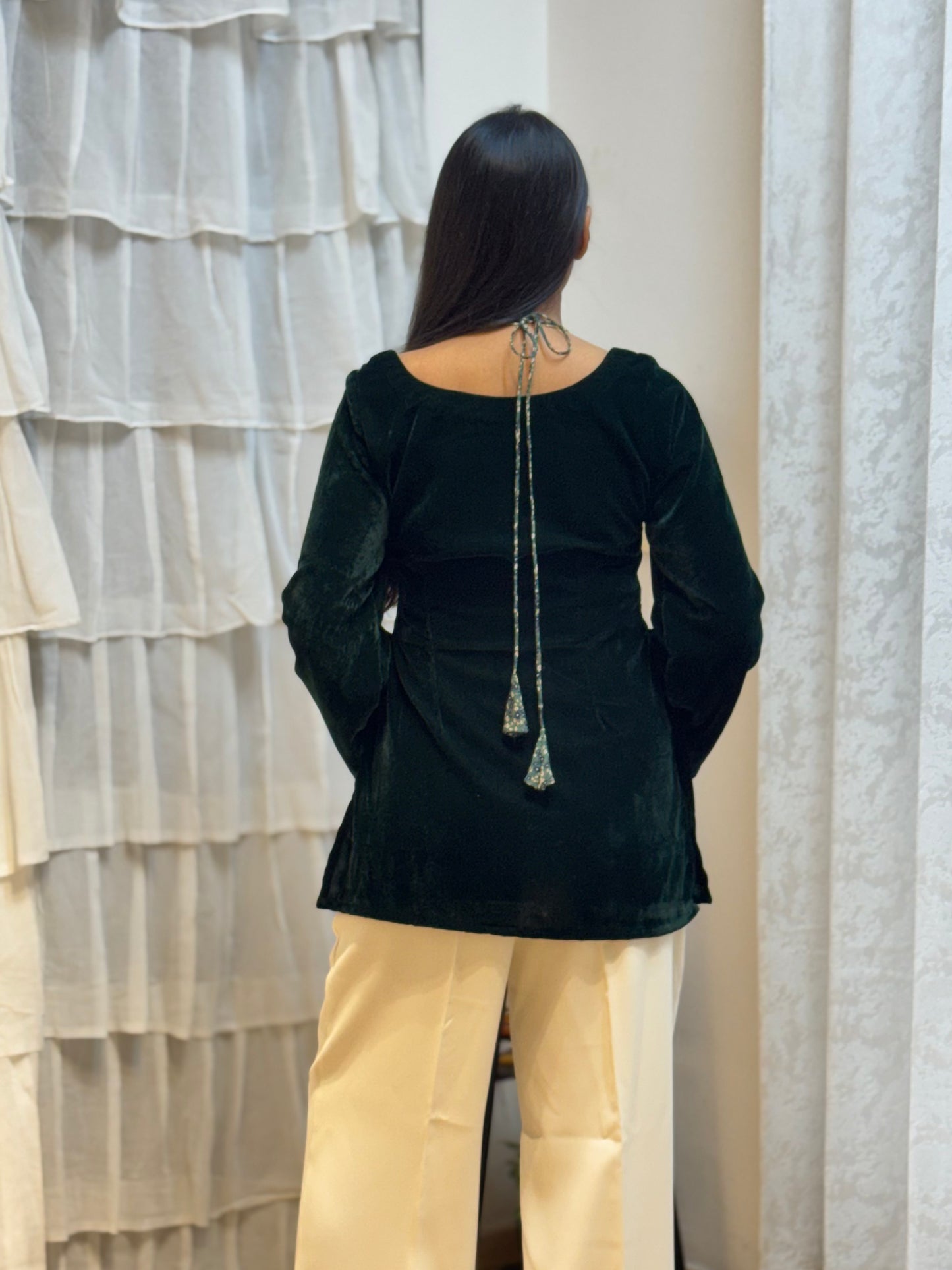 #MBA2063 Velvet short kurti- Bottle green