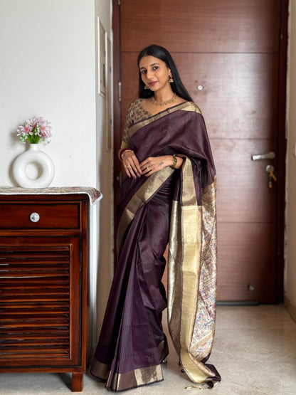 #MBA1970 Madhubani Silk 1 min saree and unstitched blouse - brown wine