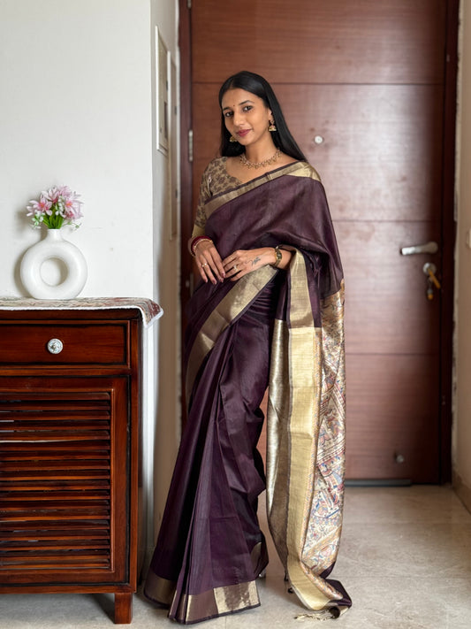 #MBA1977 Madhubani Silk 1 min saree and stitched blouse - brown wine