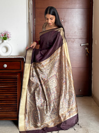 #MBA1970 Madhubani Silk 1 min saree and unstitched blouse - brown wine