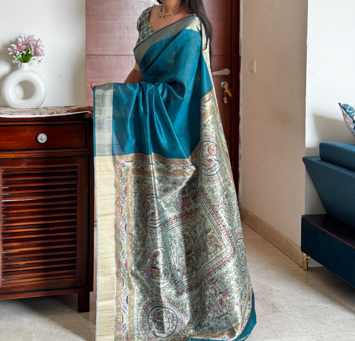 #MBA1978 Madhubani Silk 1 min saree and stitched blouse - Blue