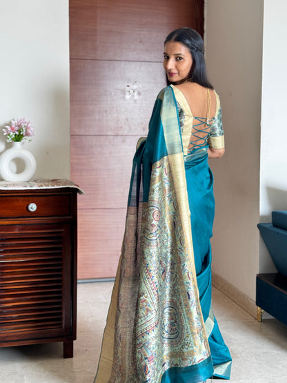 #MBA1971 Madhubani Silk 1 min saree and unstitched blouse - Blue