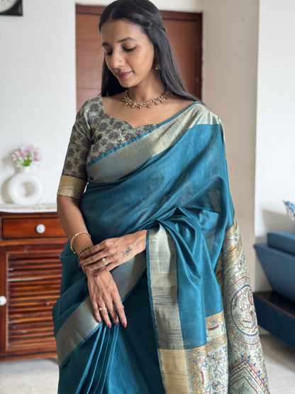 #MBA1971 Madhubani Silk 1 min saree and unstitched blouse - Blue