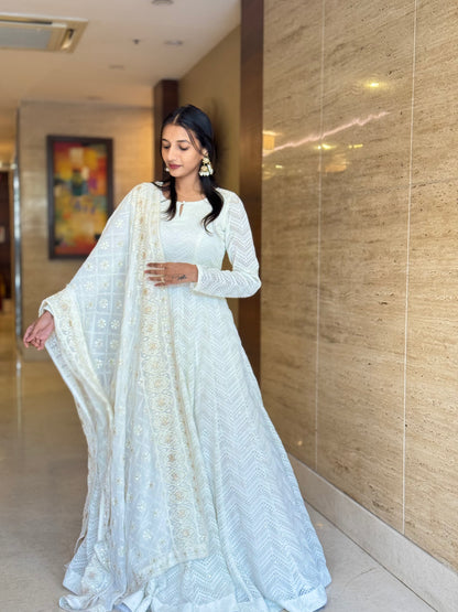 #MBA1821 Zigzag heavy embroidery anarkali and dupatta- off white