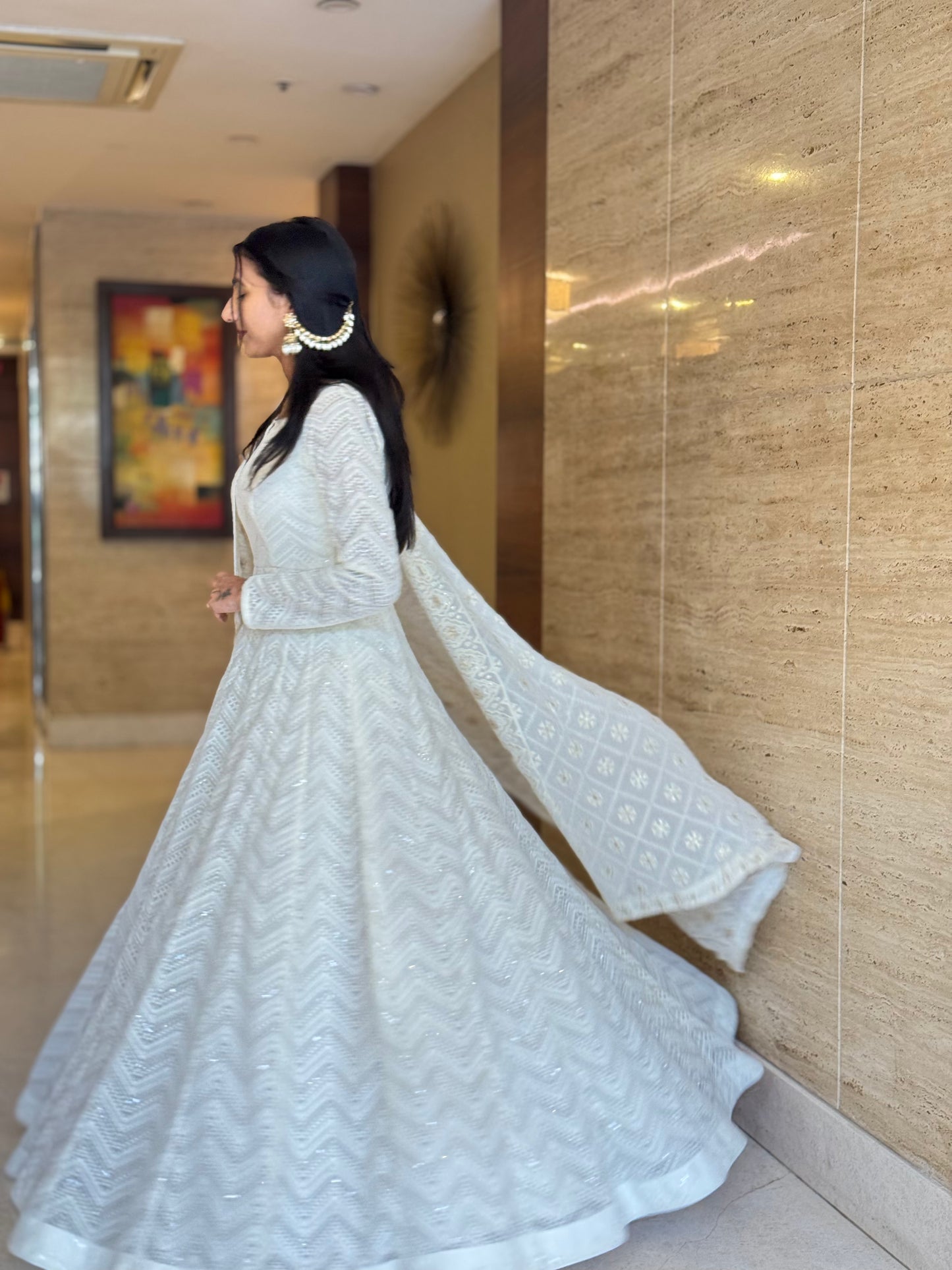 #MBA1821 Zigzag heavy embroidery anarkali and dupatta- off white