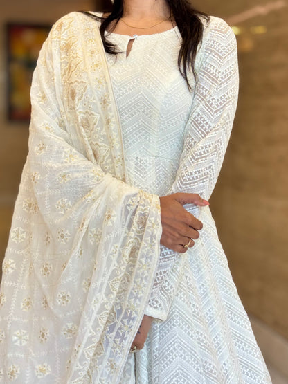 #MBA1821 Zigzag heavy embroidery anarkali and dupatta- off white