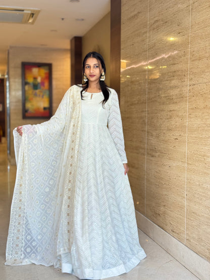 #MBA1821 Zigzag heavy embroidery anarkali and dupatta- off white