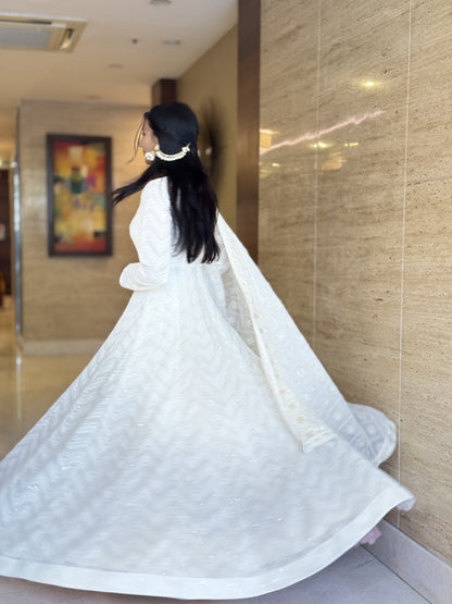 #MBA1821 Zigzag heavy embroidery anarkali and dupatta- off white