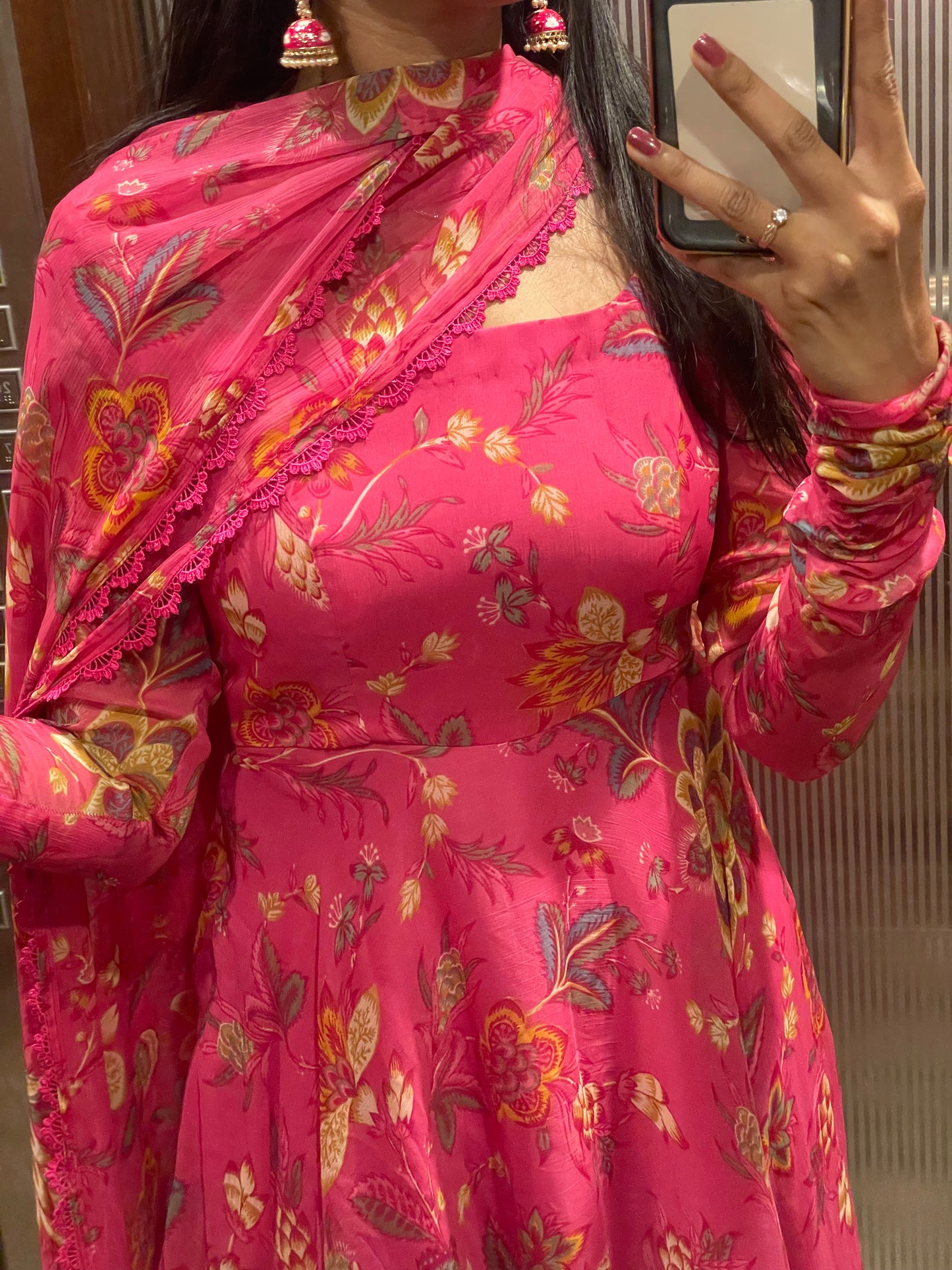 #MBA1957 Gaajri pink floral anarkali and dupatta