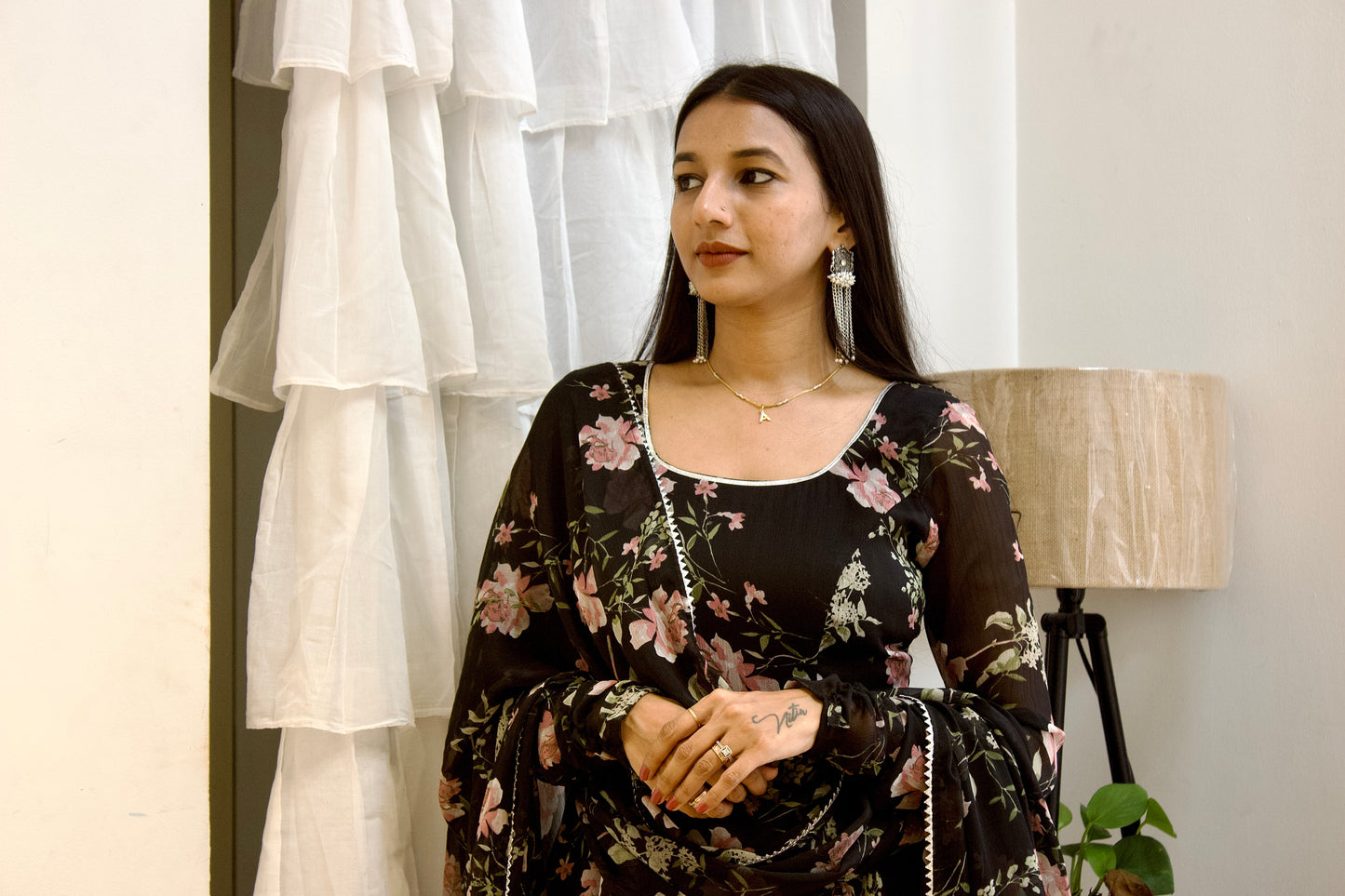 #MBA1946 Black floral anarkali and dupatta