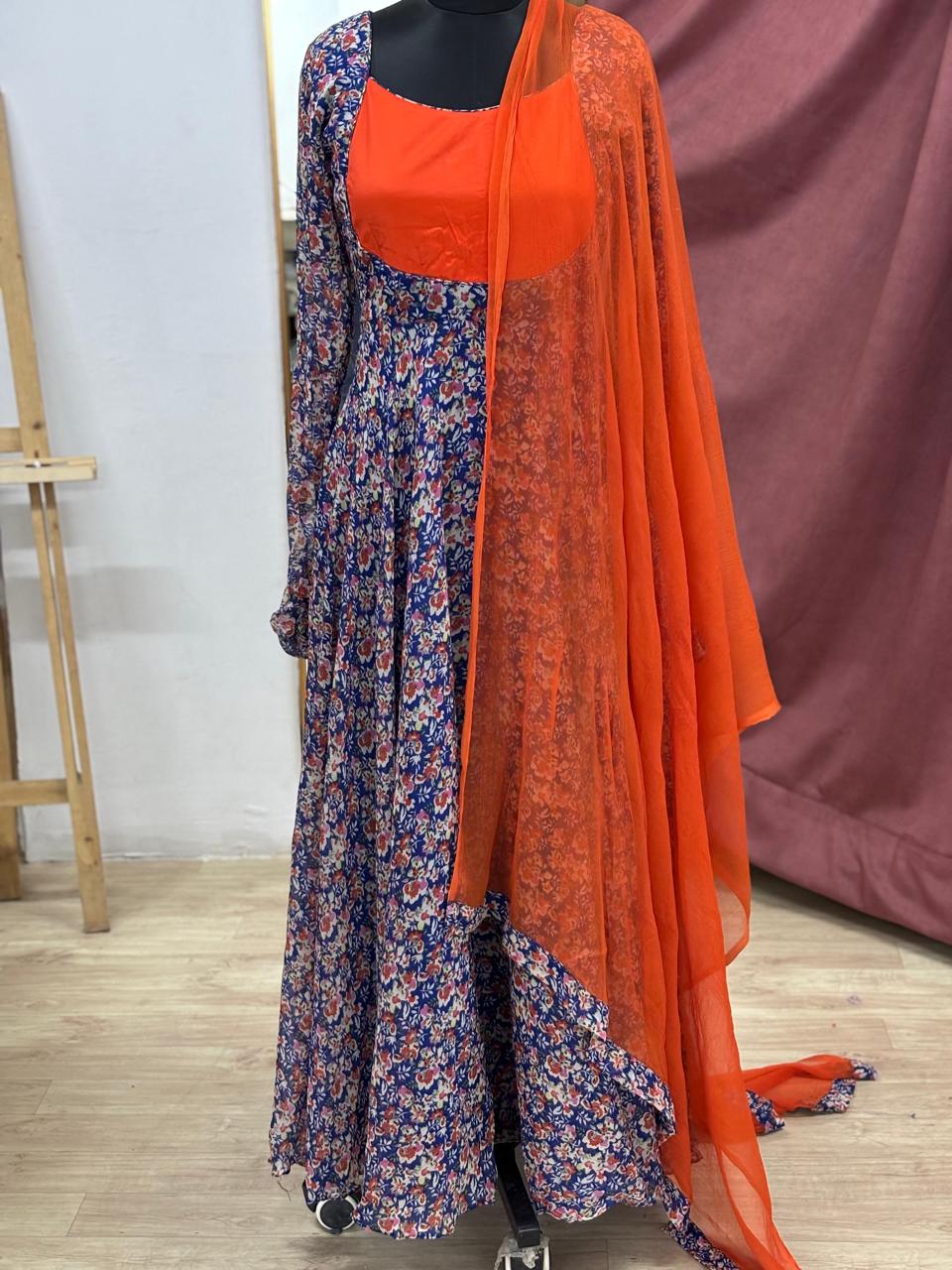 Blue-rust yoke anarkali and dupatta
