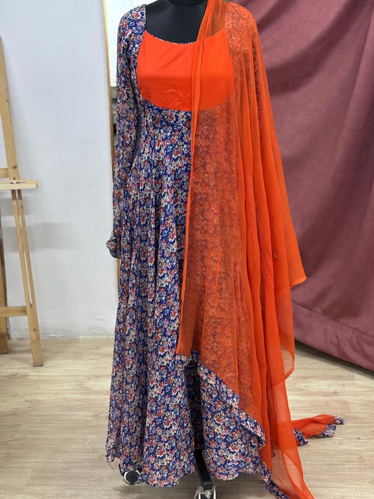 Blue-rust yoke anarkali and dupatta