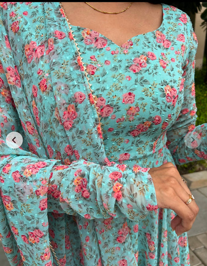 #MBA1832 Bahar gota anarkali and dupatta- sky blue