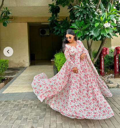 #MBA1833 Bahar gota anarkali and dupatta- White